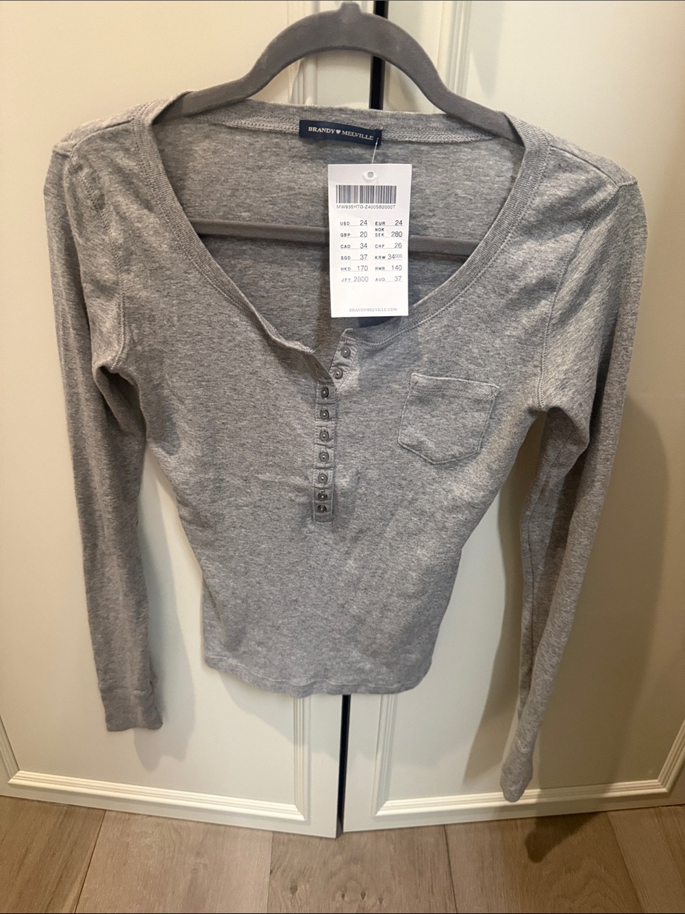 Brandy Melville Light Gray Long-Sleeve Henley Top NWT